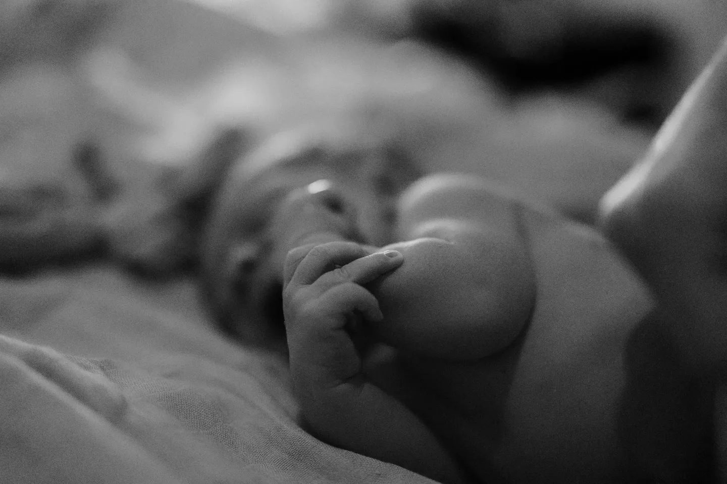 Black and white close-up of a newborn holding an adult's finger