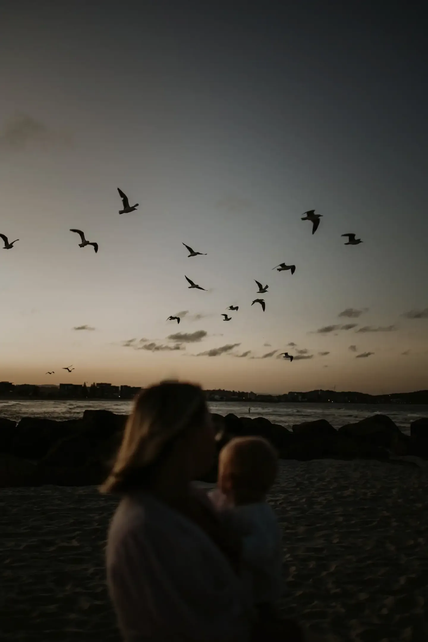 Woman and child watching birds fly across the sunset sky